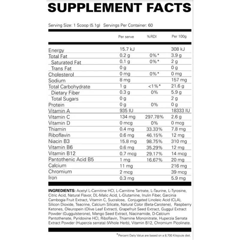 EHP Labs OxyShred Non-Stim Fat Burner Supplement Facts