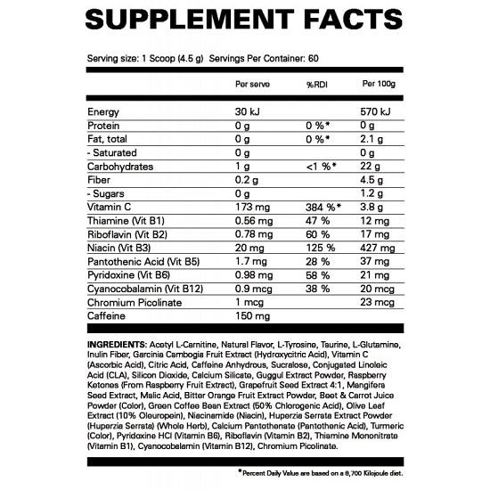 EHP Labs Oxyshred Ultra Concentration Supplement Facts