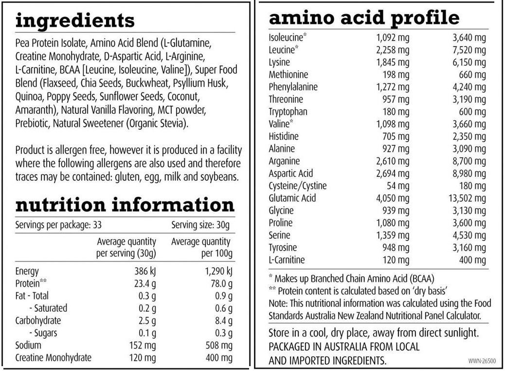 White Wolf Nutrition Vegan All In One Pea Protein Supplement Facts