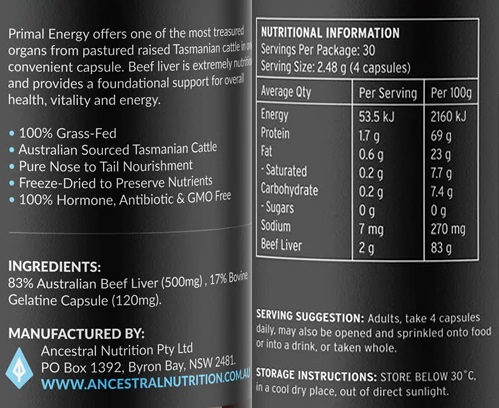 Ancestral Nutrition Primal Energy Beef Liver Capsules Supplement Facts