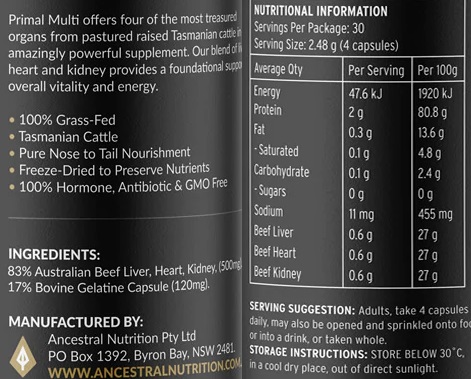 Ancestral Nutrition Primal Energy Beef Liver Capsules Supplement Facts